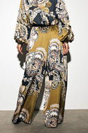 Exquisite Satin Paisley Print Elastic-Waist Wide-Leg Pants