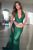 Exquisite Sequin Pleated Design Deep Halter U-neck Slit Drape Gown Maxi Dress