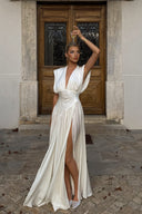 Exquisite V-Neck Waist-Cinching Slit Maxi Dress