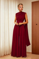Exquisite Burgundy Draped Pleated Loose Wide-Leg Jumpsuit