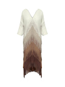 Elegant Pleated Satin Ombre Fringe Detailing Maxi Dress