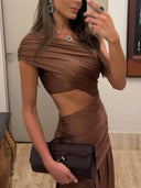 Unique Off-shoulder Waist Hollow Maxi Dress