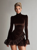 Elegant Velvet Ruffled Lace Mini Dress