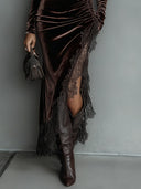Elegant Lace-trimmed Drawstring Slit Maxi Dress