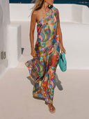 Elegant Breeze Satin Unique Print Bow One Shoulder Loose Maxi Dress