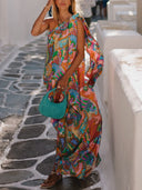 Elegant Breeze Satin Unique Print Bow One Shoulder Loose Maxi Dress