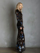 Elegant Velvet Floral Print Lace Flared Sleeve Fishtail Maxi Dress