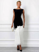 Elegant Floral Feather Tassel Boat Neck Pleated Maxi Dress