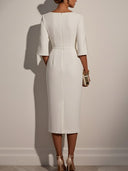 Elegant Round Neck Pearl Short Sleeve Midi Dress