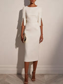 Elegant Round Neck Pearl Short Sleeve Midi Dress