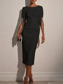 Elegant Round Neck Pearl Short Sleeve Midi Dress