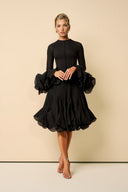 Elegant Black Ruffle-Trimmed Bell Sleeve Midi Dress