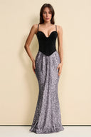 Exquisite Black Velvet And Silver Sequin Plunge-Neck Maxi Dress