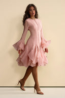 Elegant Pink Ruffle-Trimmed Bell Sleeve Midi Dress