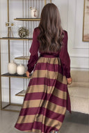 Exquisite Red Striped Print Patchwork Collared Maxi Dress