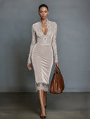 Elegant Velvet Fitted V-Neck Lace Midi Dress