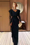 Lace-sleeve Spliced Pleated Maxi Dress
