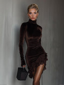 Elegant Velvet Turtleneck Lace Hem Fitted Mini Dress