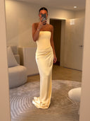 Elegant Strapless Draped Satin Maxi Dress
