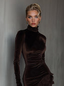 Elegant Velvet Turtleneck Lace Hem Fitted Mini Dress