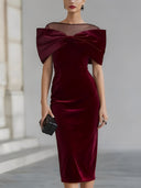 Elegant Bow-Detail Sheer Neckline Midi Dress