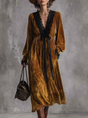 Elegant V-neck Velvet And Lace Patchwork Dress
