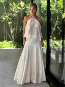 Elegant Halter Ruffle Top & Flowing Maxi Skirt Two-Piece Set