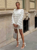 Elegant Textured Fringe Long-Sleeve Mini Dress