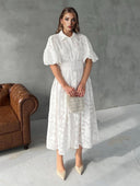 Elegant Textured Belted Shirt Midi Dress