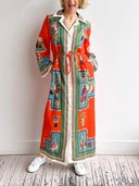 Classic Modern Unique Print Patchwork Loose Belted Shirt Silhouette Maxi Dress