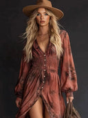 Casual V-neck Long-sleeved Floral Maxi Dress
