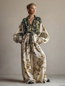 Retro Baroque Floral Print Shirt Two-Piece Set