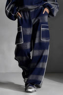 Fashion Street-Style Blue And Gray Plaid Color-Block Loose Top