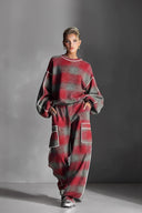 Fashion Street-Style Red And Gray Plaid Color-Block Loose Top and Wide-Leg Pants Set
