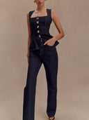 Modern Playful Unique Sleeveless Button-Down Denim Vest Top