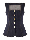 Modern Playful Unique Sleeveless Button-Down Denim Vest Top