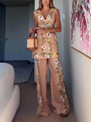 Chic Perfect Style Linen Blend Floral Elastic Waist Flare Pants