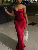 Elegant Satin Backless Spaghetti Strap Maxi Dress