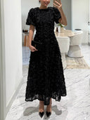 Elegant Rose-patterned Puff-sleeved Maxi Dress