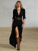 Casual Shirt Collar Hemie Style Button Maxi Dress