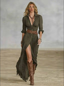 Casual Shirt Collar Hemie Style Button Maxi Dress