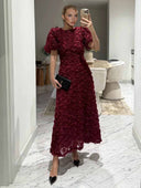 Elegant Rose-patterned Puff-sleeved Maxi Dress