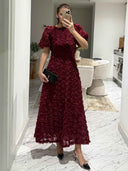 Elegant Rose-patterned Puff-sleeved Maxi Dress