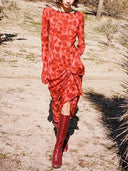 Unique Print Boat Neck Long Bell Sleeve Bias Cut Maxi Dress