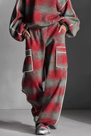Fashion Street-Style Red and Gray Plaid Color-Block Loose Top
