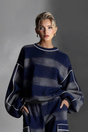 Fashion Street-Style Blue And Gray Plaid Color-Block Wide-Leg Pants