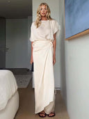 Elegant Satin Draped Wrap Maxi Dress