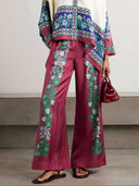 Exquisite Retro Satin Print Batwing Sleeve Shirt
