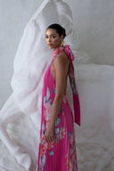 Fashionable Floral Print Pleated Tie-Waist Backless Ruffled Maxi Dress