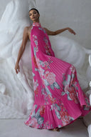 Fashionable Floral Print Pleated Tie-Waist Backless Ruffled Maxi Dress